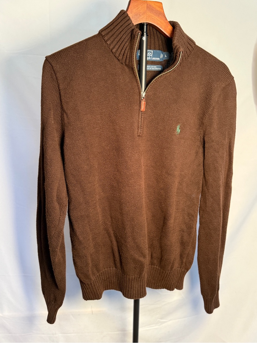 Ralph Lauren Men’s Brown Half-Zip Sweater with Green Polo Logo